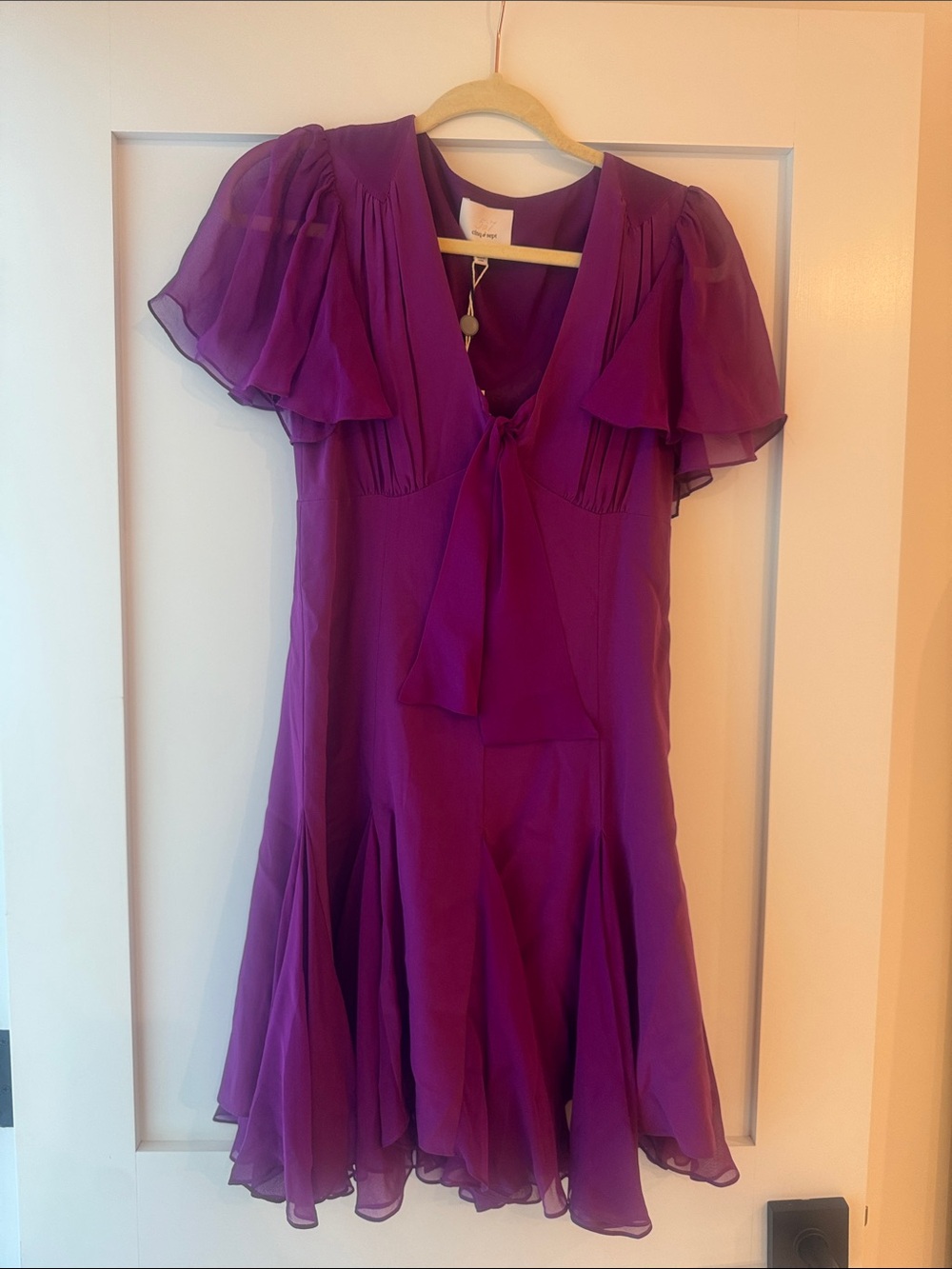 cinq a sept Magenta-Purple Tie-Neck Ruffled Mini Dress